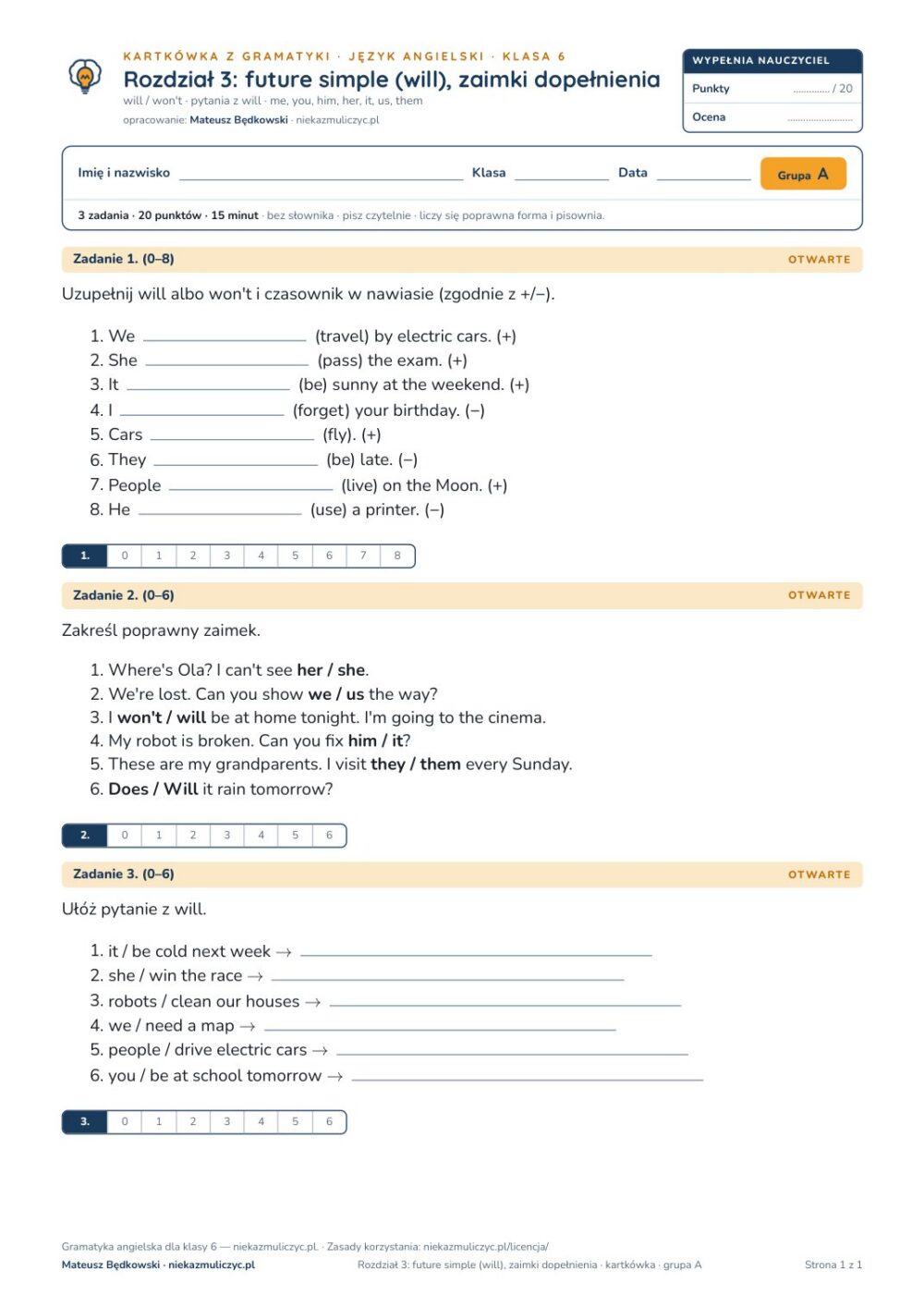 Kartkówka z gramatyki angielski klasa 6 unit 3 — grupy B–E — okładka