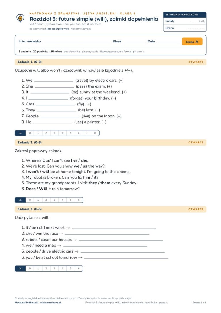 Kartkówka z gramatyki angielski klasa 6 unit 3 — grupy B–E — okładka
