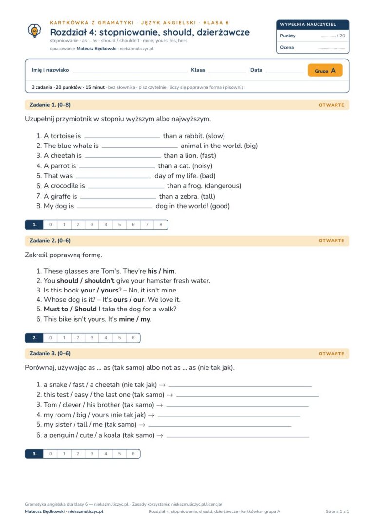 Kartkówka z gramatyki angielski klasa 6 unit 4: stopniowanie — B–E — okładka