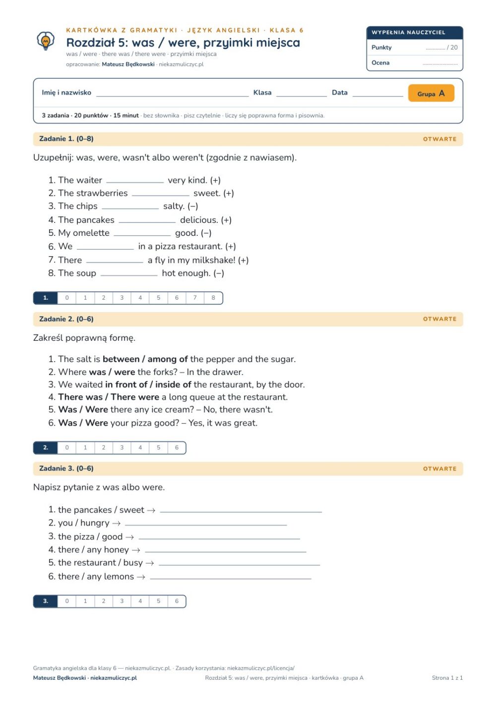 Kartkówka z gramatyki angielski klasa 6 unit 5: was / were — B–E — okładka