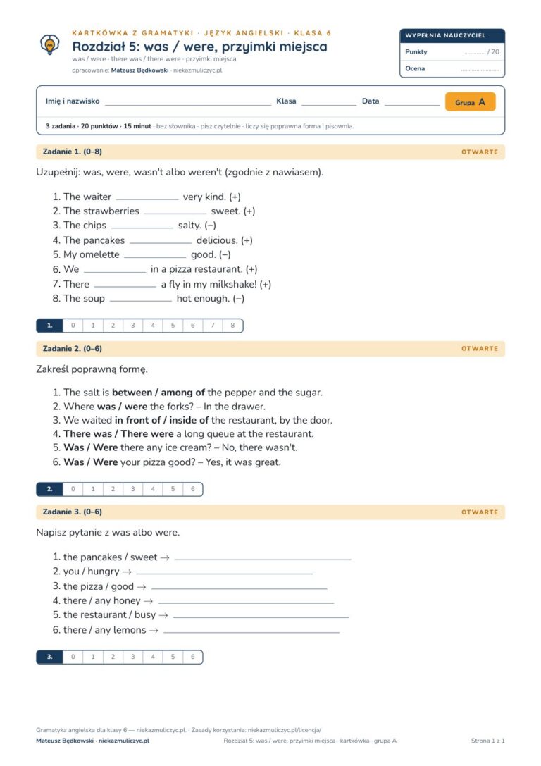 Kartkówka z gramatyki angielski klasa 6 unit 5: was / were — B–E — okładka