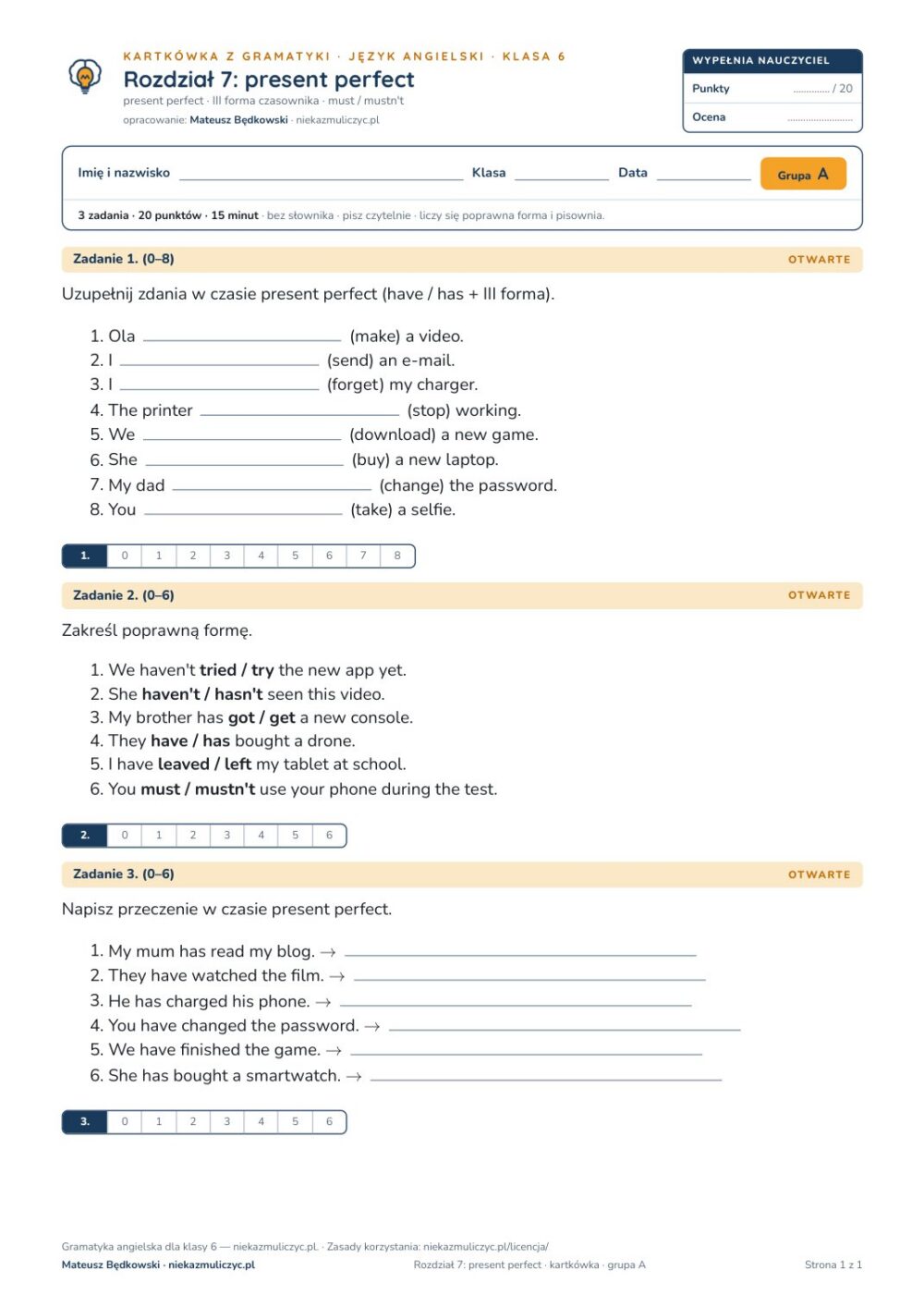 Kartkówka z gramatyki angielski klasa 6 unit 7: present perfect — B–E — okładka