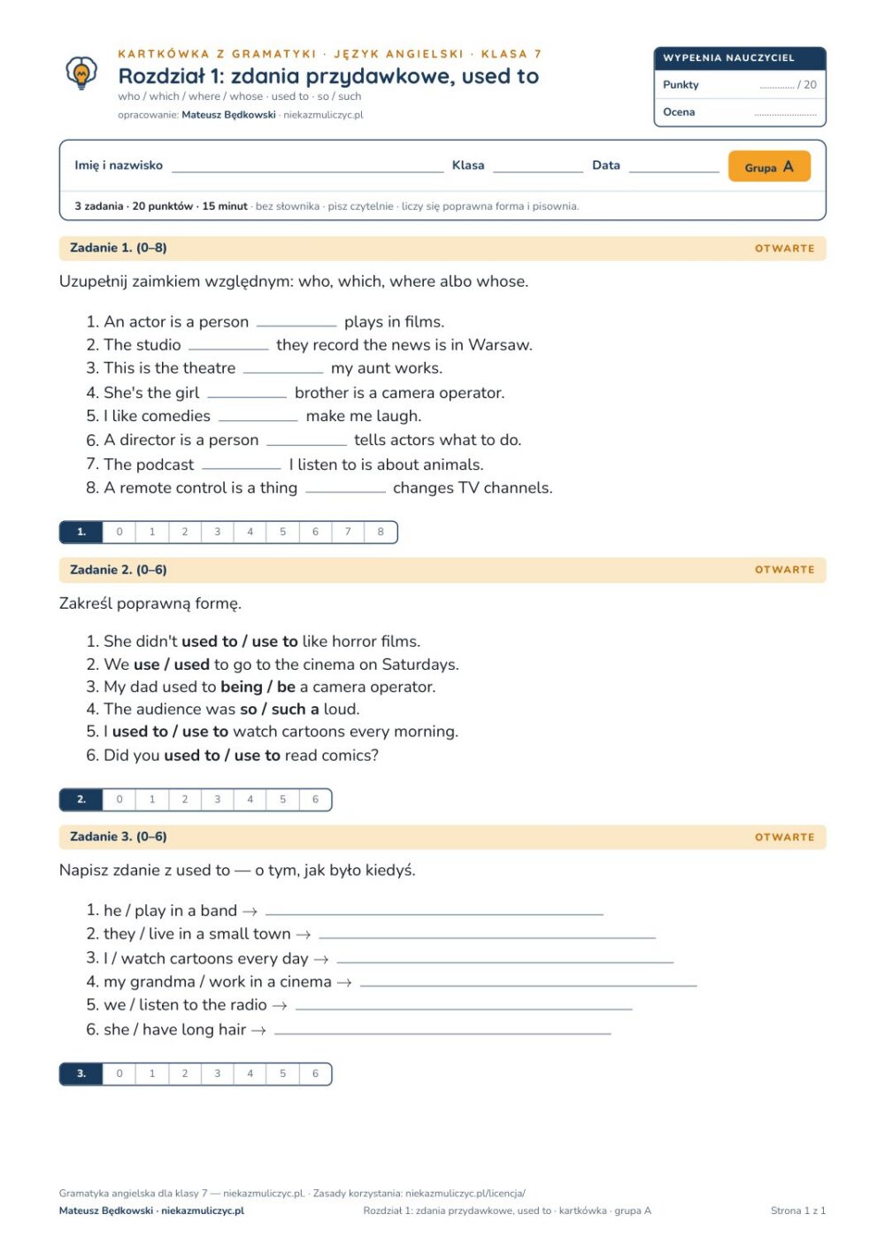 Gramatyka angielska klasa 7 — 9 kartkówek z kluczem, A–E PDF — okładka