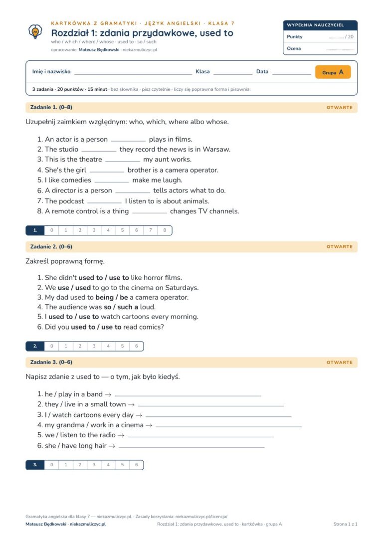 Gramatyka angielska klasa 7 — 9 kartkówek z kluczem, A–E PDF — okładka