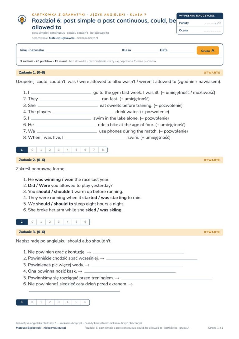 Kartkówka z gramatyki angielski klasa 7 unit 6 — grupy B–E — okładka