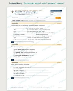 Kartkówka z gramatyki angielski klasa 7 unit 7: will — B–E — podgląd karty, grupa C