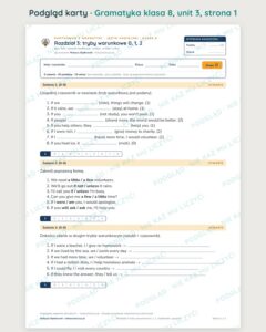 Gramatyka angielska klasa 8 — 9 kartkówek z kluczem, A–E PDF — podgląd karty 1