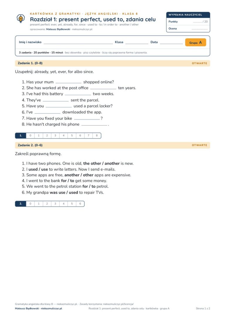 Gramatyka angielska klasa 8 — 9 kartkówek z kluczem, A–E PDF — okładka