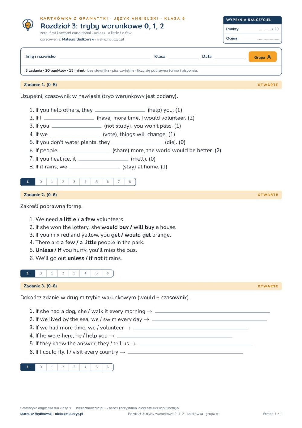 Gramatyka angielski klasa 8 unit 3: tryby warunkowe 0 — kartkówka B–E — okładka