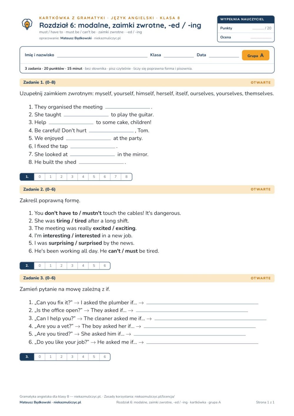Kartkówka z gramatyki angielski klasa 8 unit 6: modalne — B–E — okładka
