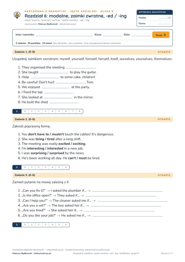 Kartkówka z gramatyki angielski klasa 8 unit 6: modalne — B–E — okładka