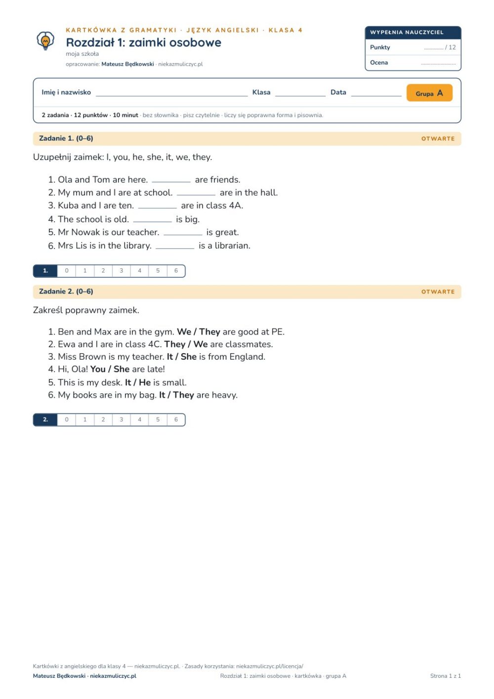 Kartkówka angielski klasa 4 unit 1: gramatyka: zaimki osobowe — B–E — okładka