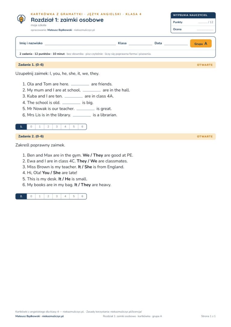 Kartkówka angielski klasa 4 unit 1: gramatyka: zaimki osobowe — B–E — okładka