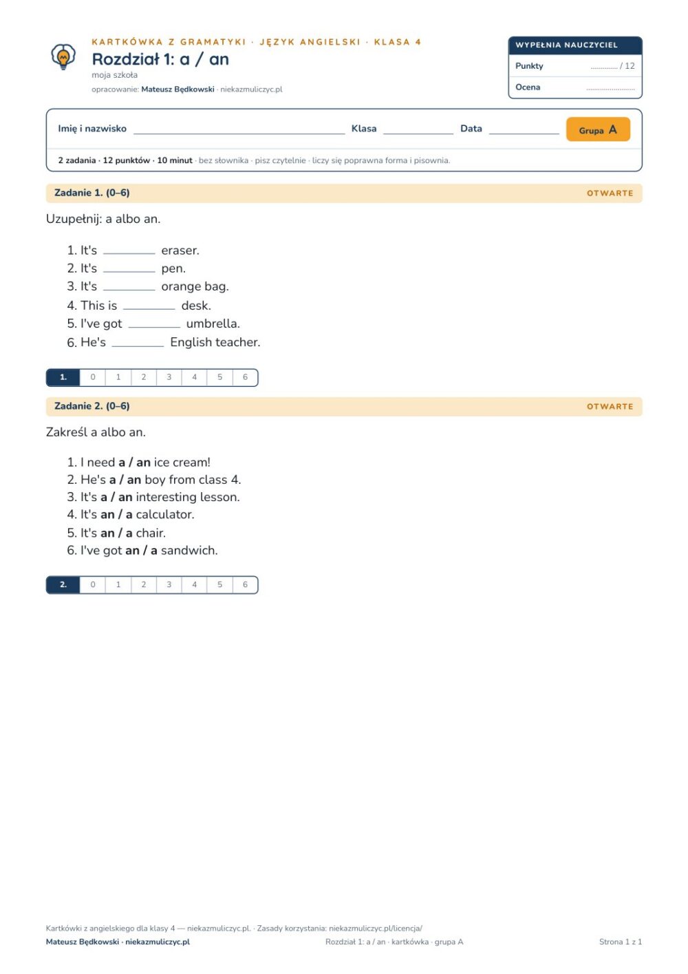 Kartkówka angielski klasa 4 unit 1: gramatyka: a / an — B–E — okładka