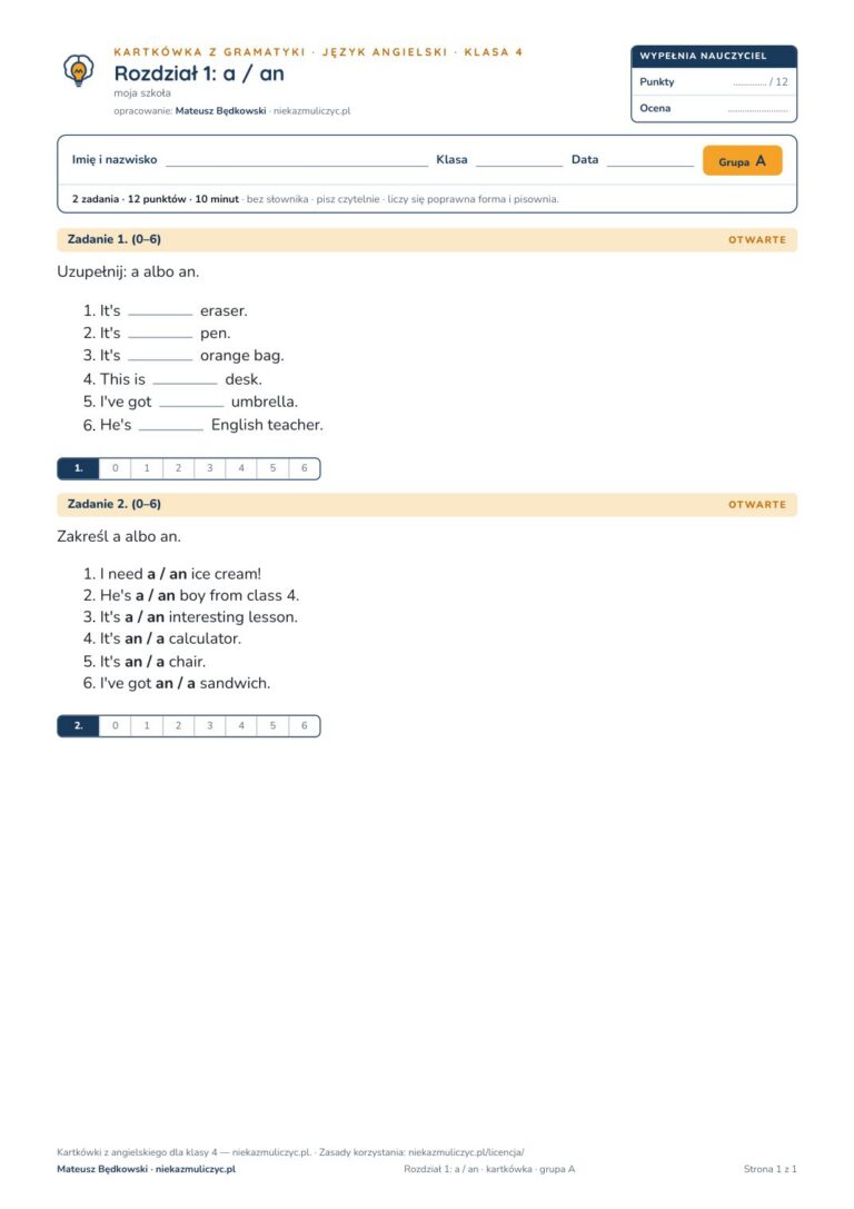 Kartkówka angielski klasa 4 unit 1: gramatyka: a / an — B–E — okładka