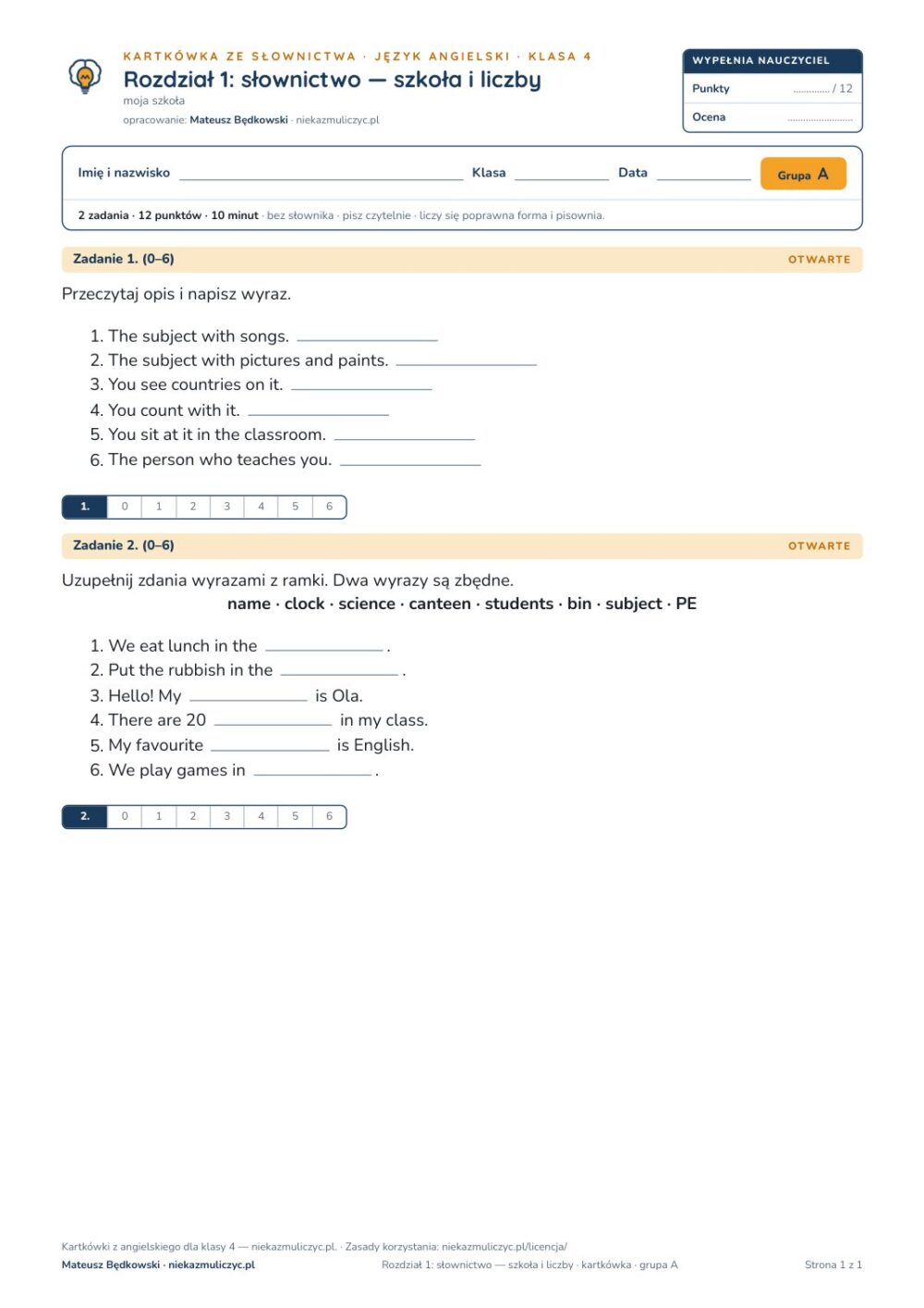Kartkówka angielski klasa 4 unit 1: słownictwo: szkoła i liczby — B–E — okładka