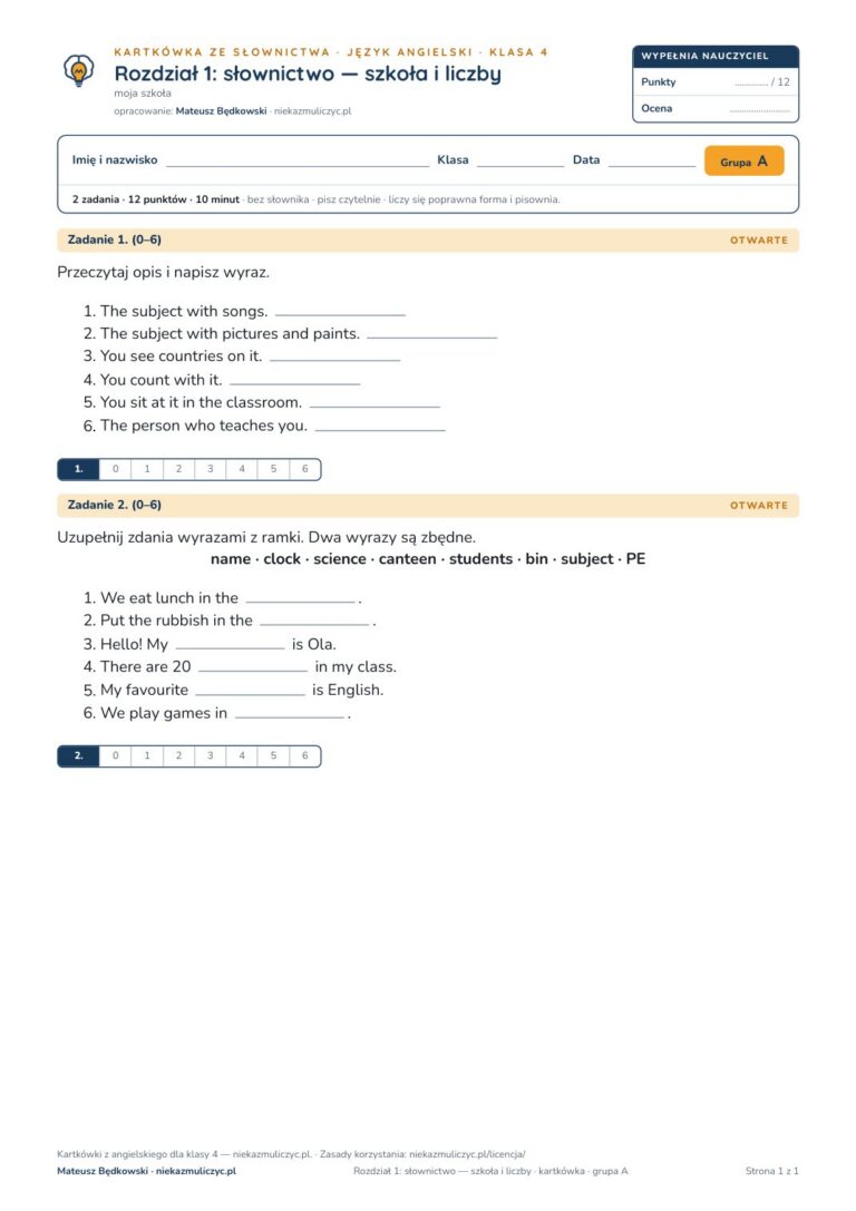 Kartkówka angielski klasa 4 unit 1: słownictwo: szkoła i liczby — B–E — okładka