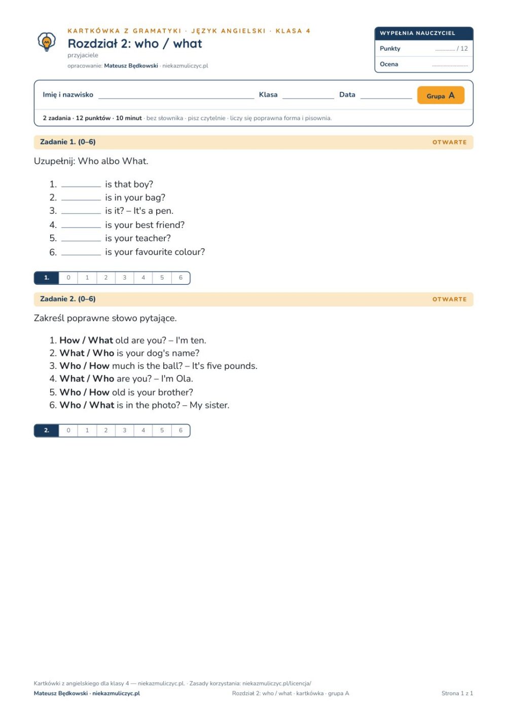 Kartkówka angielski klasa 4 unit 2: gramatyka: who / what — B–E — okładka