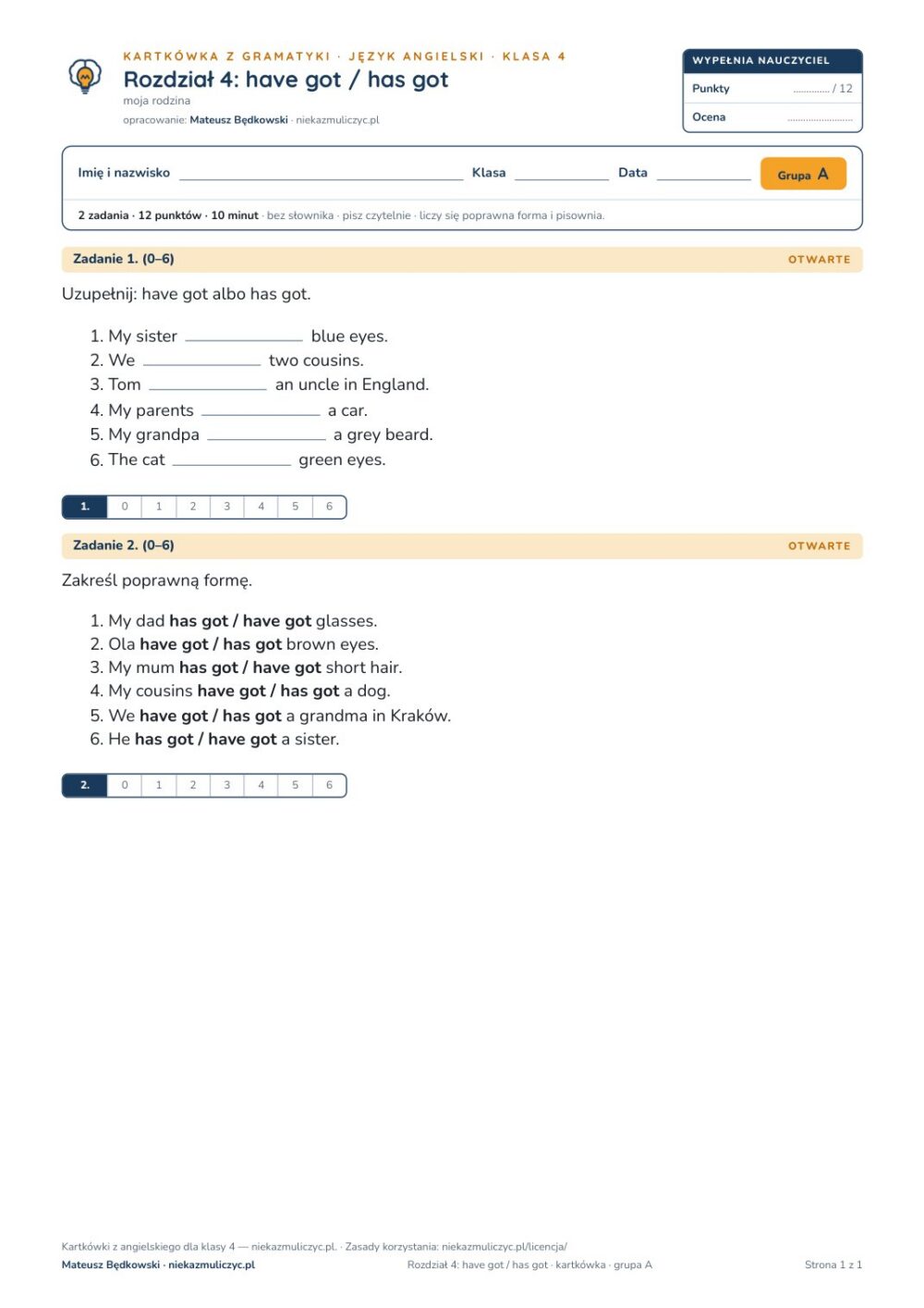 Angielski klasa 4 unit 4: gramatyka: have got / has got — kartkówka — okładka