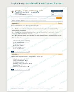 Kartkówka angielski klasa 4 unit 5: czytanie: co potrafię — B–E — podgląd karty, grupa B