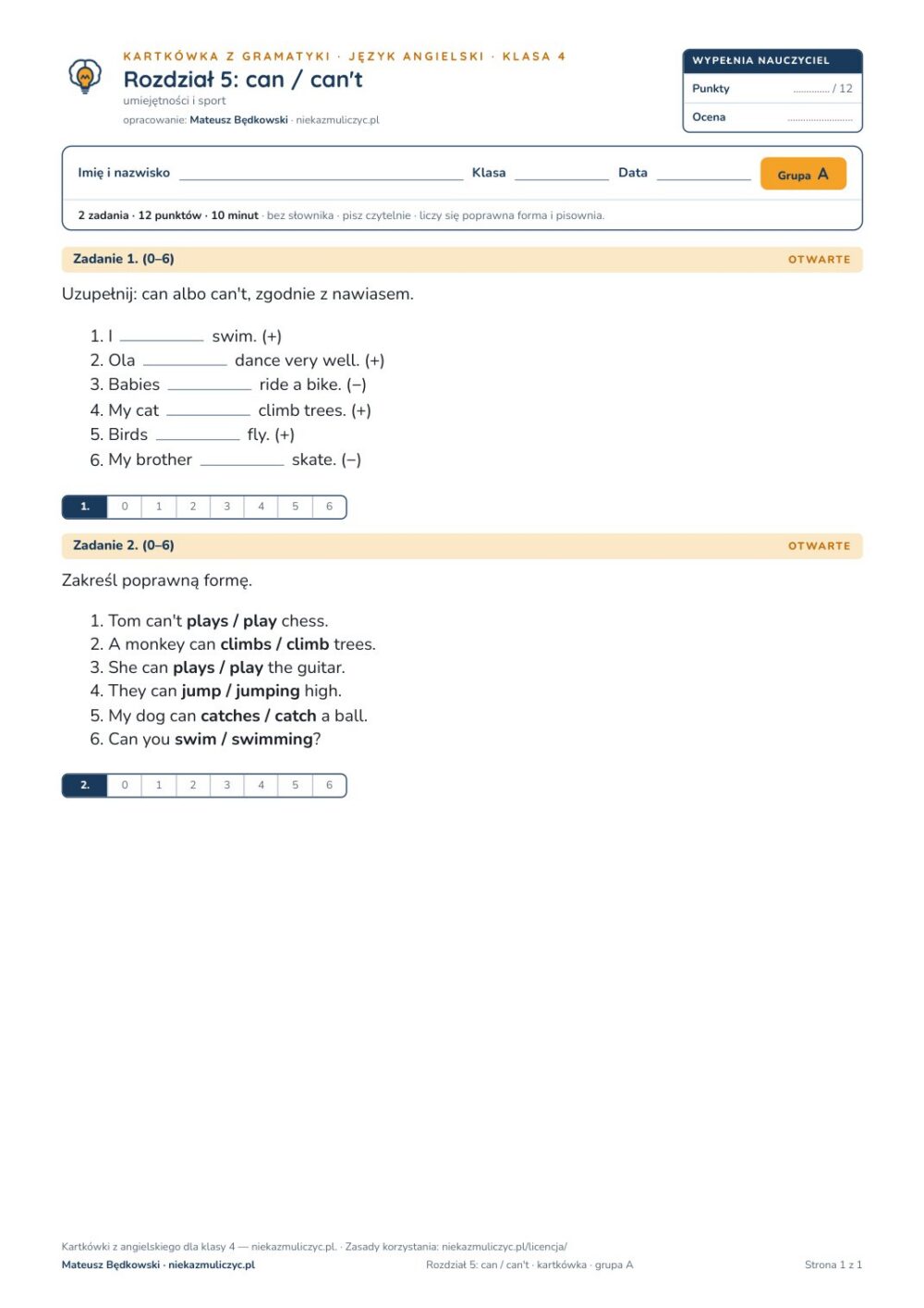 Kartkówka angielski klasa 4 unit 5: gramatyka: can / can't — B–E — okładka