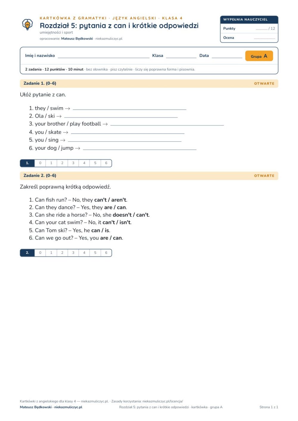 Kartkówka angielski klasa 4 unit 5: gramatyka — B–E — okładka