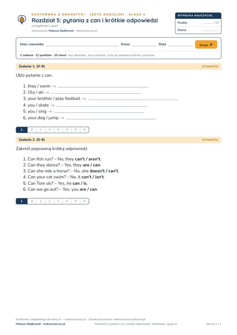 Kartkówka angielski klasa 4 unit 5: gramatyka — B–E — okładka