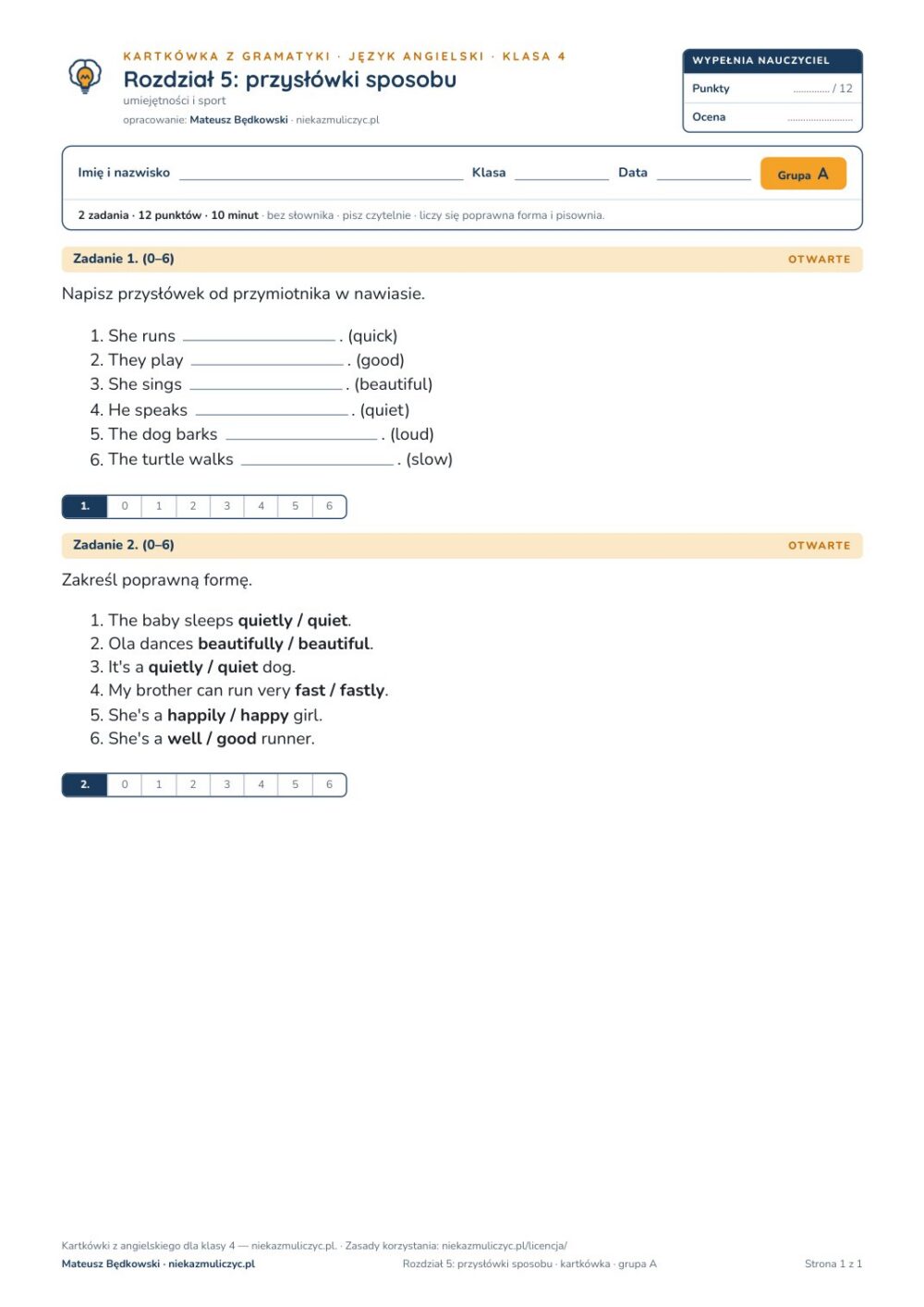 Angielski klasa 4 unit 5: gramatyka: przysłówki sposobu — kartkówka — okładka