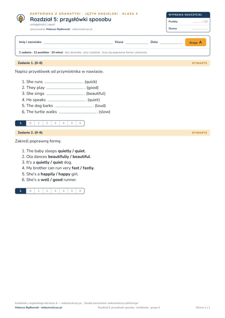 Angielski klasa 4 unit 5: gramatyka: przysłówki sposobu — kartkówka — okładka