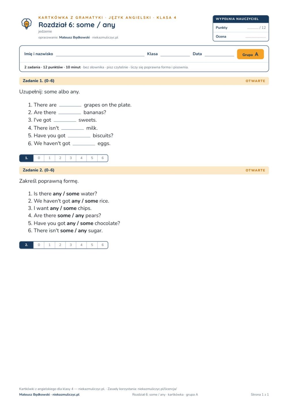 Kartkówka angielski klasa 4 unit 6: gramatyka: some / any — B–E — okładka