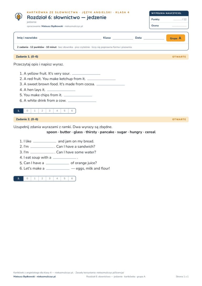 Kartkówka angielski klasa 4 unit 6: słownictwo: jedzenie — B–E — okładka
