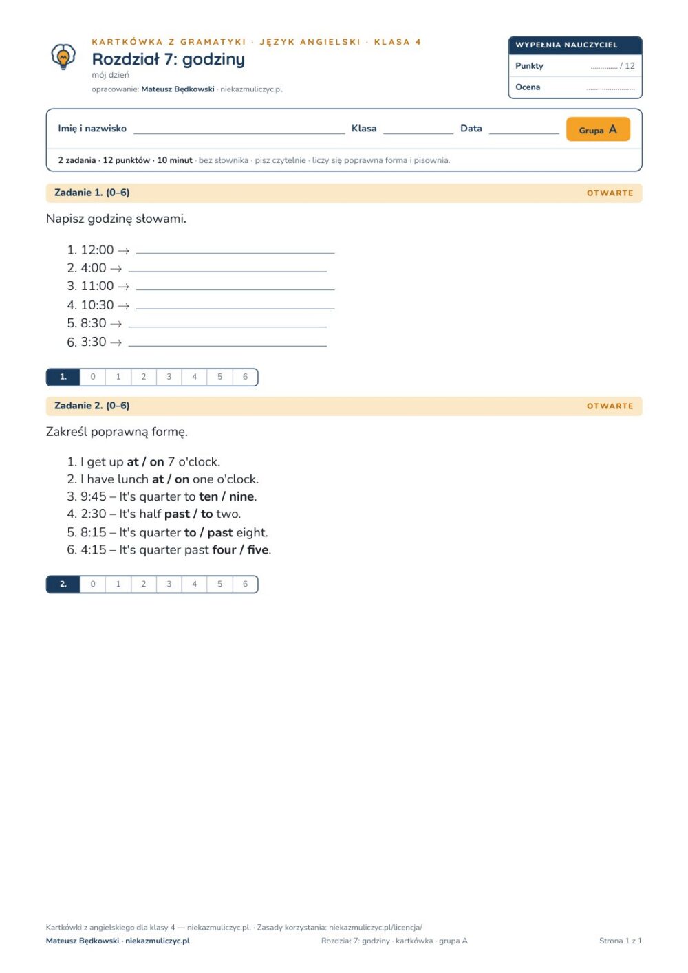 Kartkówka angielski klasa 4 unit 7: gramatyka: godziny — B–E — okładka