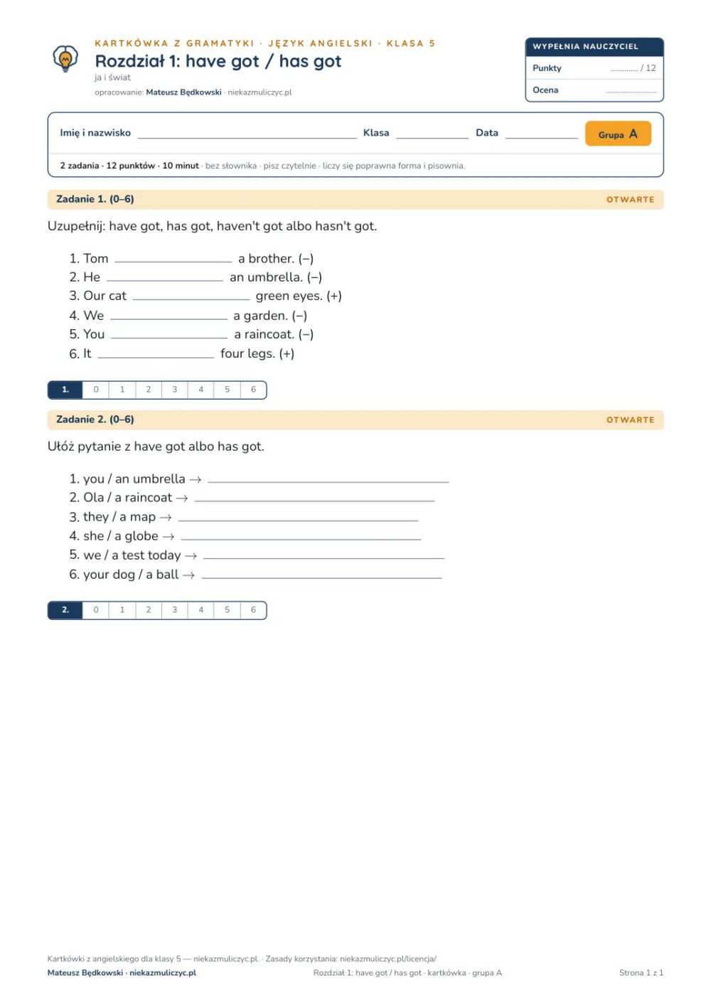 Angielski klasa 5 unit 1: gramatyka: have got / has got — kartkówka — okładka