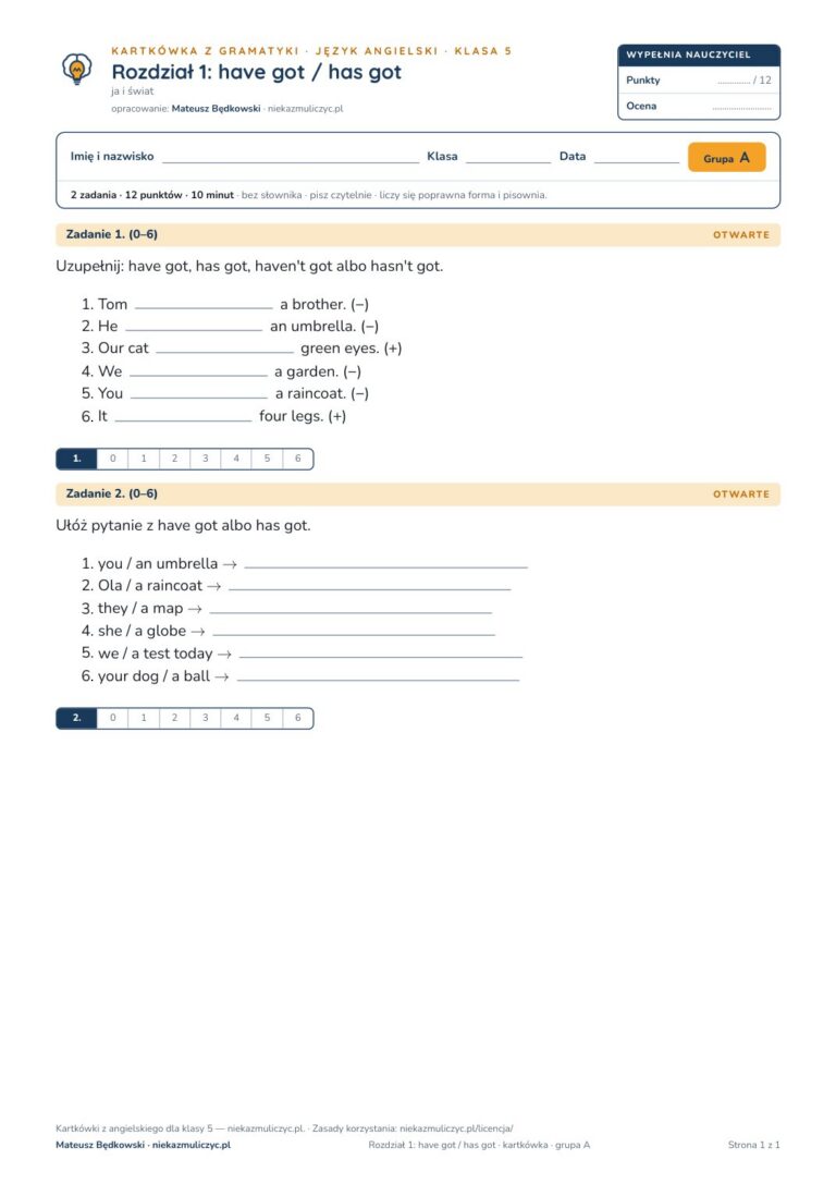 Angielski klasa 5 unit 1: gramatyka: have got / has got — kartkówka — okładka
