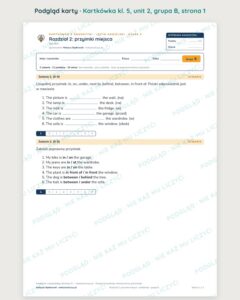 Kartkówka angielski klasa 5 unit 2: gramatyka: przyimki miejsca — B–E — podgląd karty, grupa B