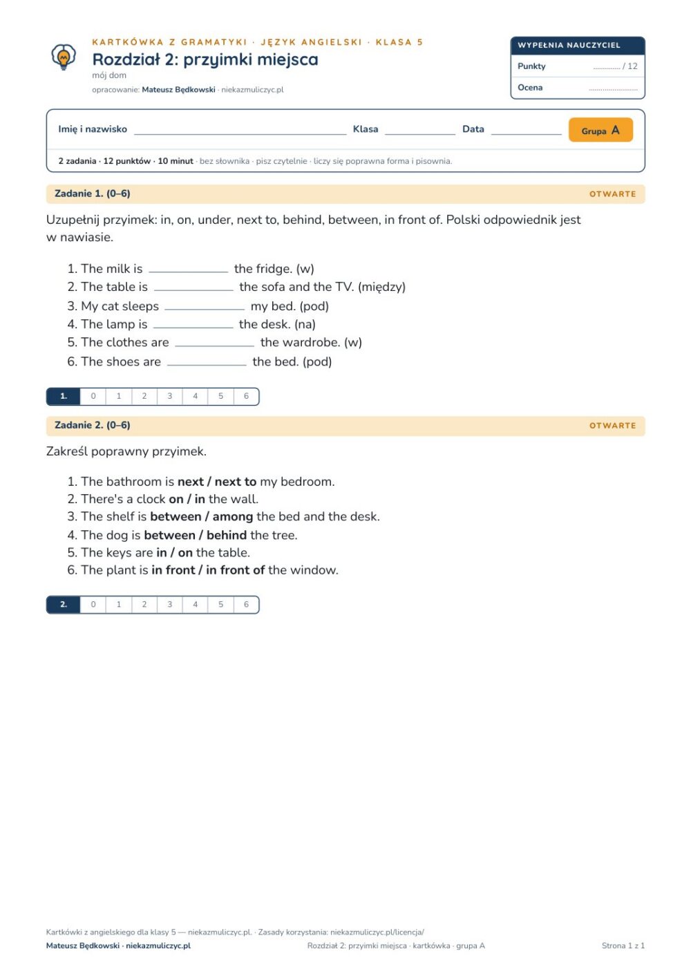 Kartkówka angielski klasa 5 unit 2: gramatyka: przyimki miejsca — B–E — okładka