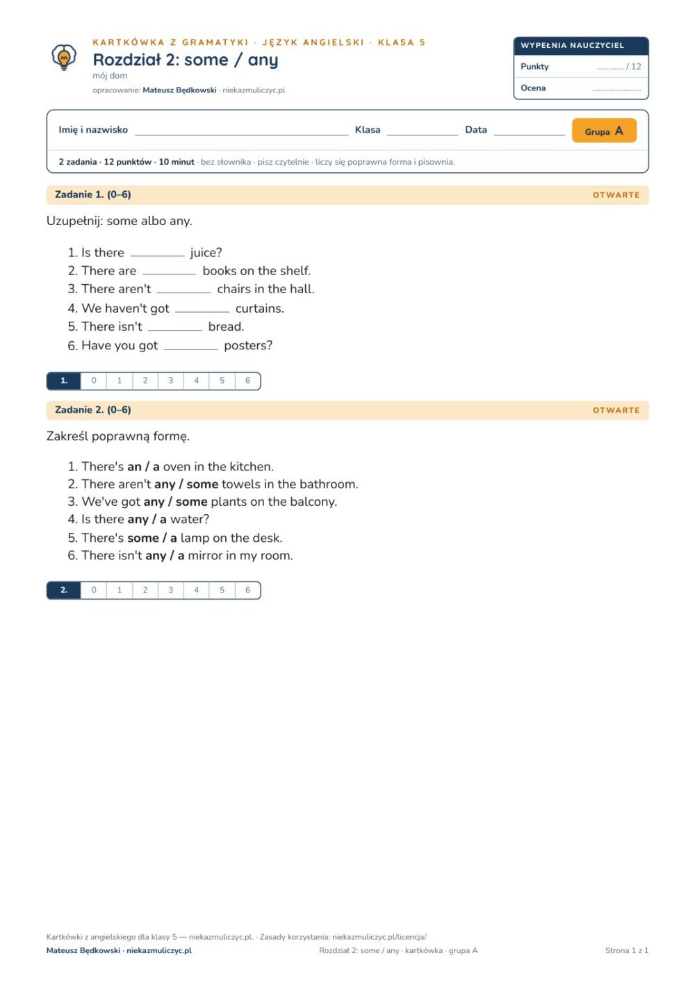 Kartkówka angielski klasa 5 unit 2: gramatyka: some / any — B–E — okładka
