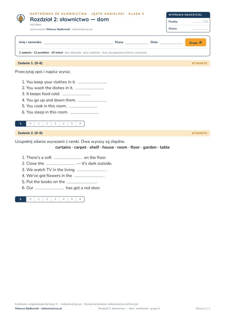 Kartkówka angielski klasa 5 unit 2: słownictwo: dom — B–E — okładka