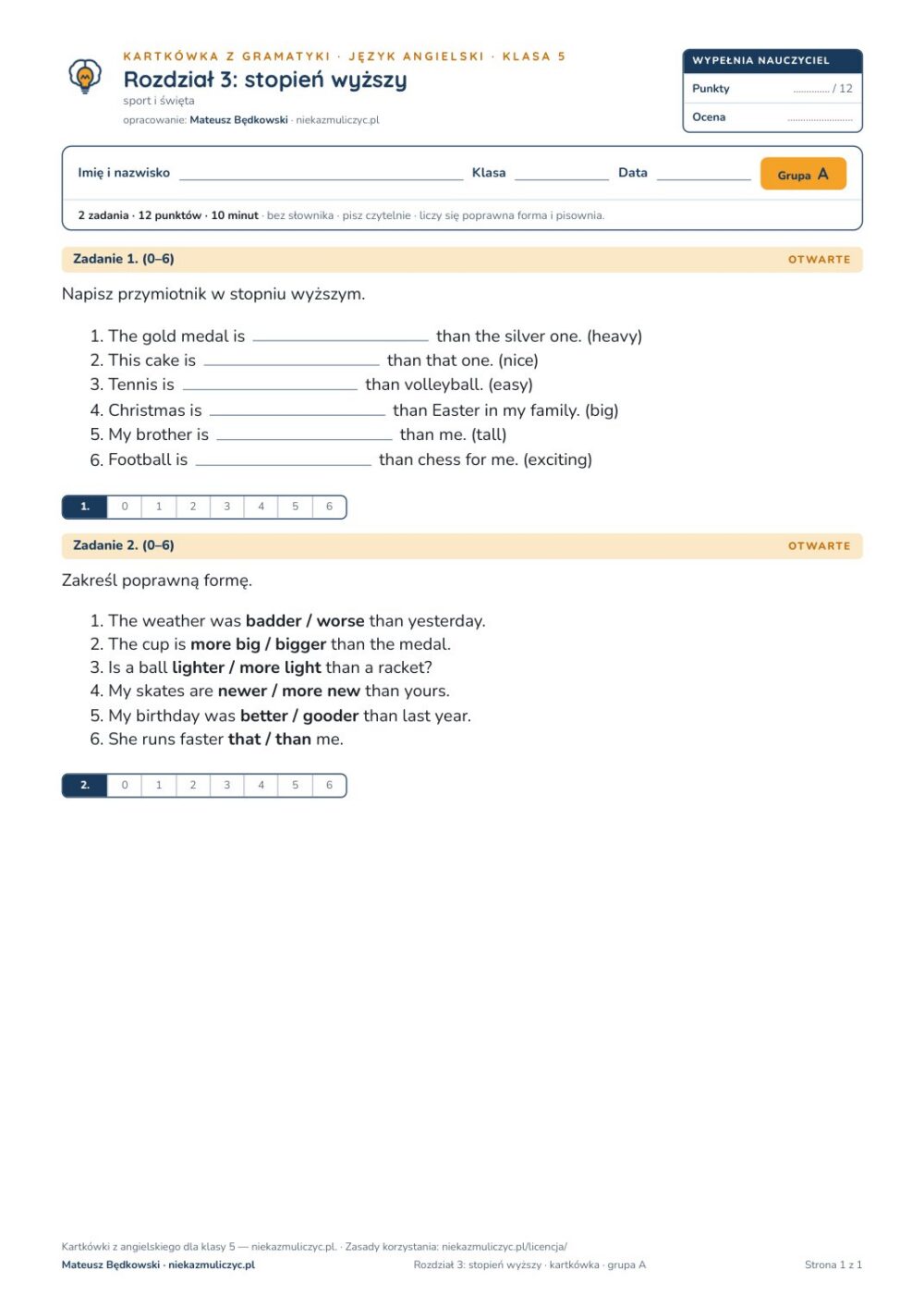 Kartkówka angielski klasa 5 unit 3: gramatyka: stopień wyższy — B–E — okładka