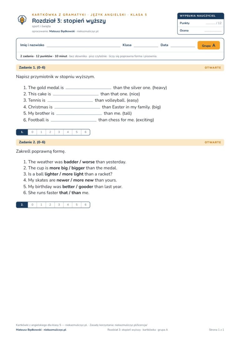 Kartkówka angielski klasa 5 unit 3: gramatyka: stopień wyższy — B–E — okładka