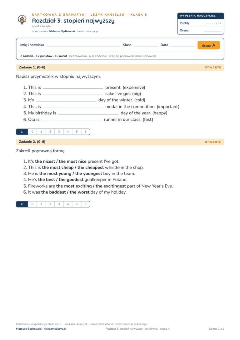 Kartkówka angielski klasa 5 unit 3: gramatyka: stopień najwyższy — B–E — okładka