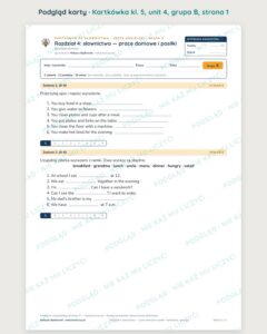 Kartkówka angielski klasa 5 unit 4: prace domowe i posiłki — B–E — podgląd karty, grupa B