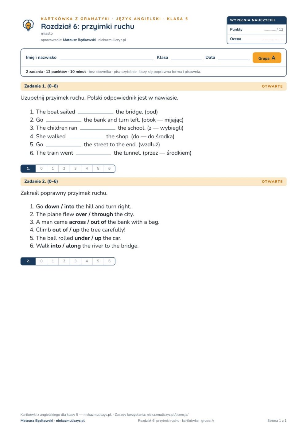 Kartkówka angielski klasa 5 unit 6: gramatyka: przyimki ruchu — B–E — okładka