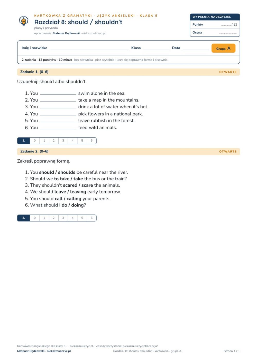 Angielski klasa 5 unit 8: gramatyka: should / shouldn't — kartkówka — okładka