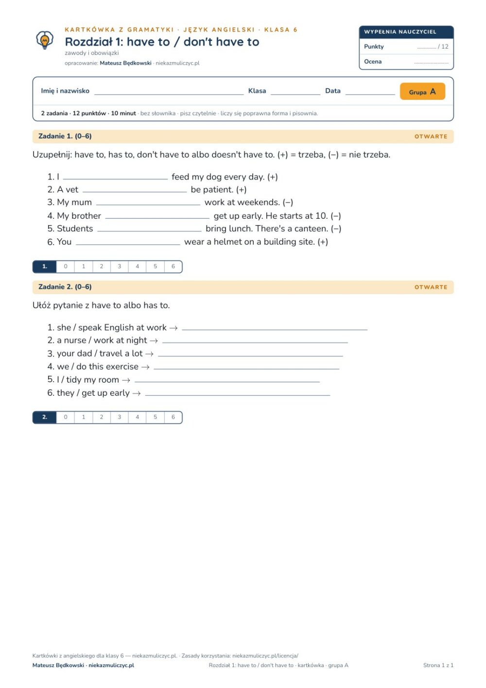 Kartkówka angielski klasa 6 unit 1: have to / don't have to — B–E — okładka