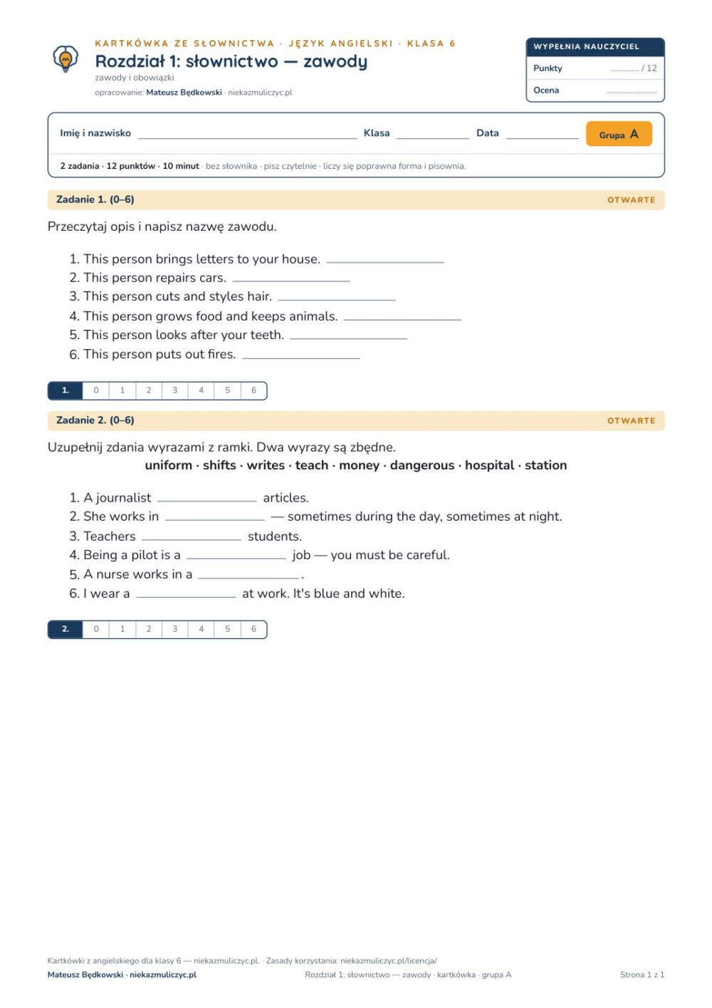 Kartkówka angielski klasa 6 unit 1: słownictwo: zawody — B–E — okładka