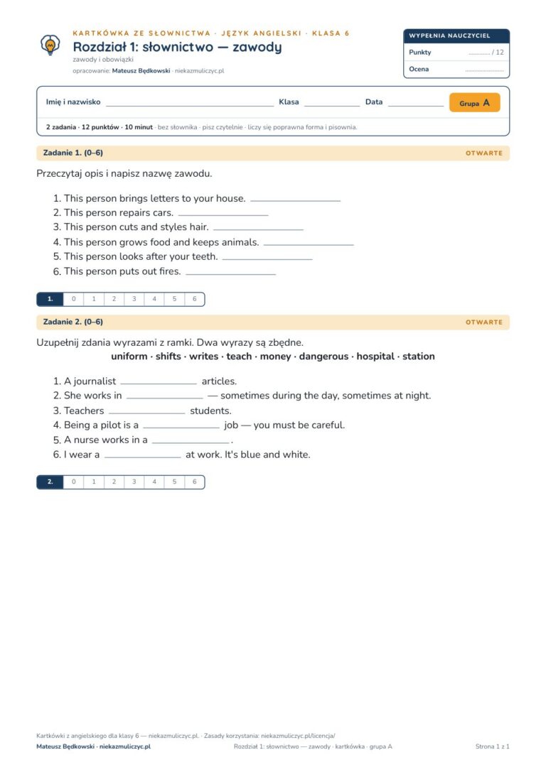 Kartkówka angielski klasa 6 unit 1: słownictwo: zawody — B–E — okładka
