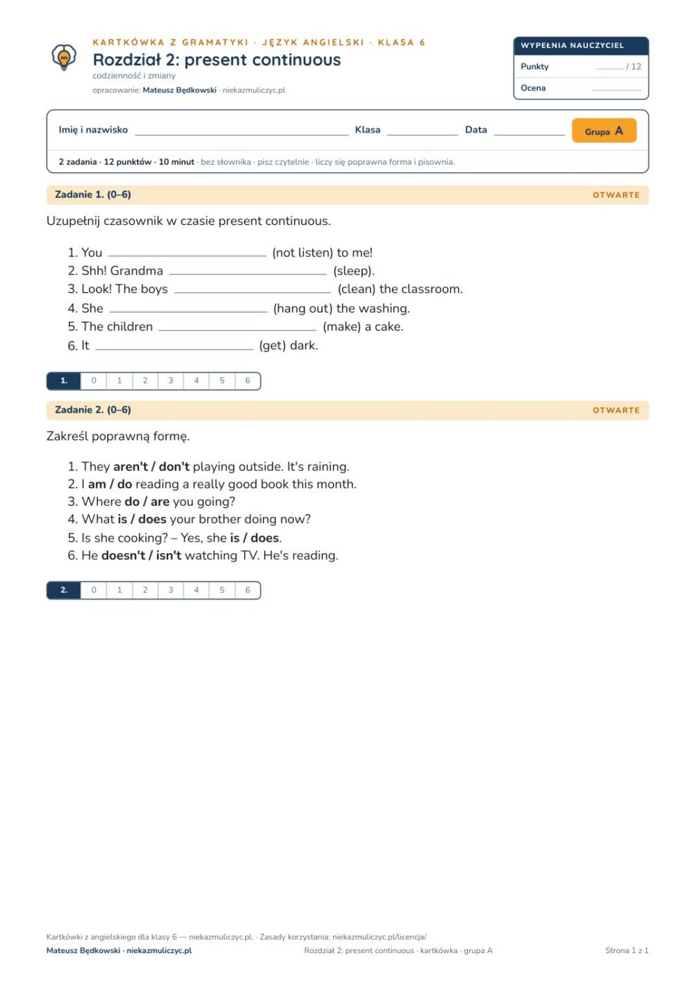 Angielski klasa 6 unit 2: gramatyka: present continuous — kartkówka — okładka