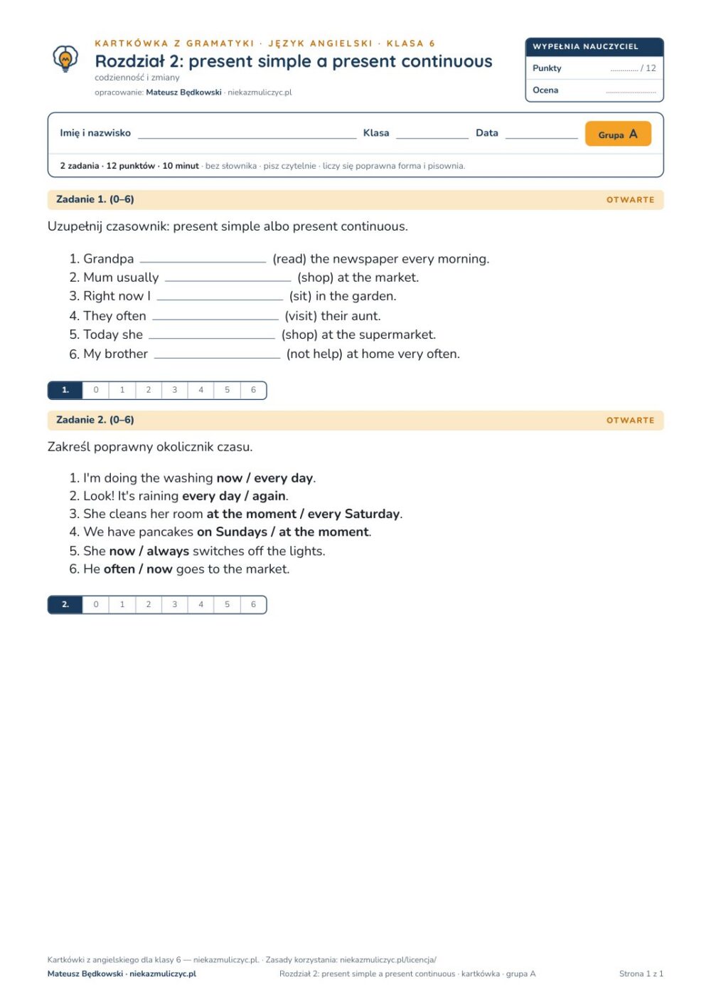 Kartkówka angielski klasa 6 unit 2: gramatyka — B–E — okładka
