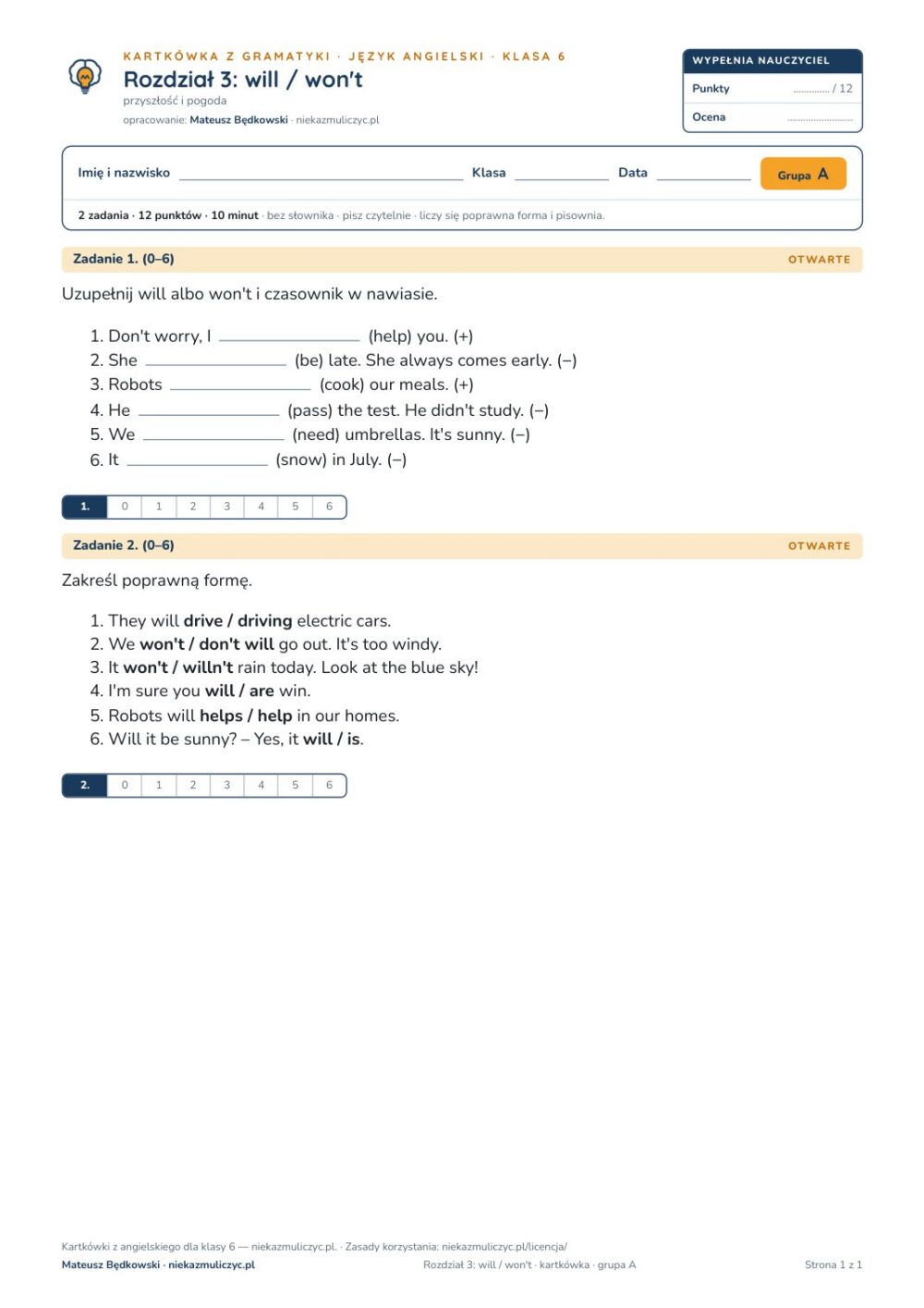 Kartkówka angielski klasa 6 unit 3: gramatyka: will / won't — B–E — okładka